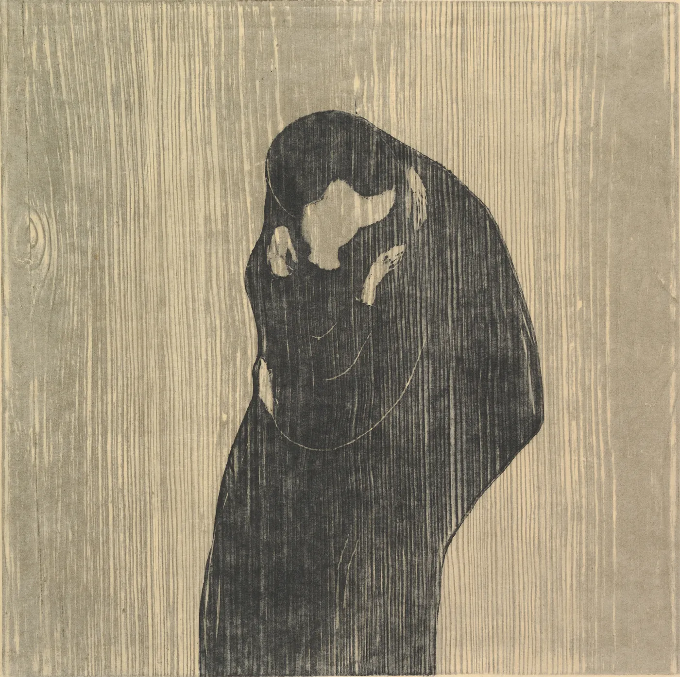 Munch's woodcut of a couple merged into one dark shape as they kiss, set against the grain of the woodblock