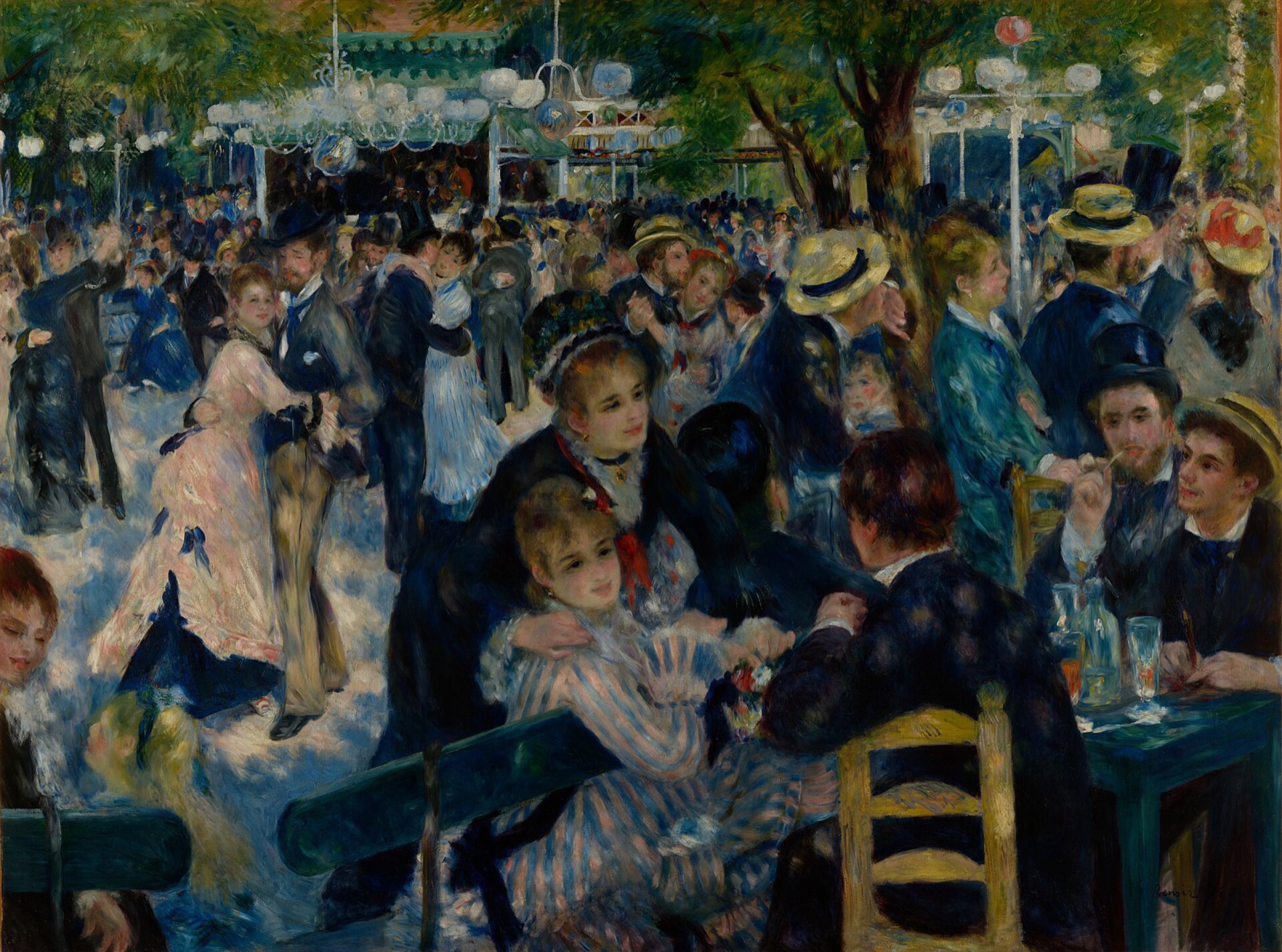 Pierre-Auguste Renoir, Bal du moulin de la Galette, 1876: a crowded open-air dance in Montmartre, with couples dancing and friends talking at tables under trees, in dappled sunlight