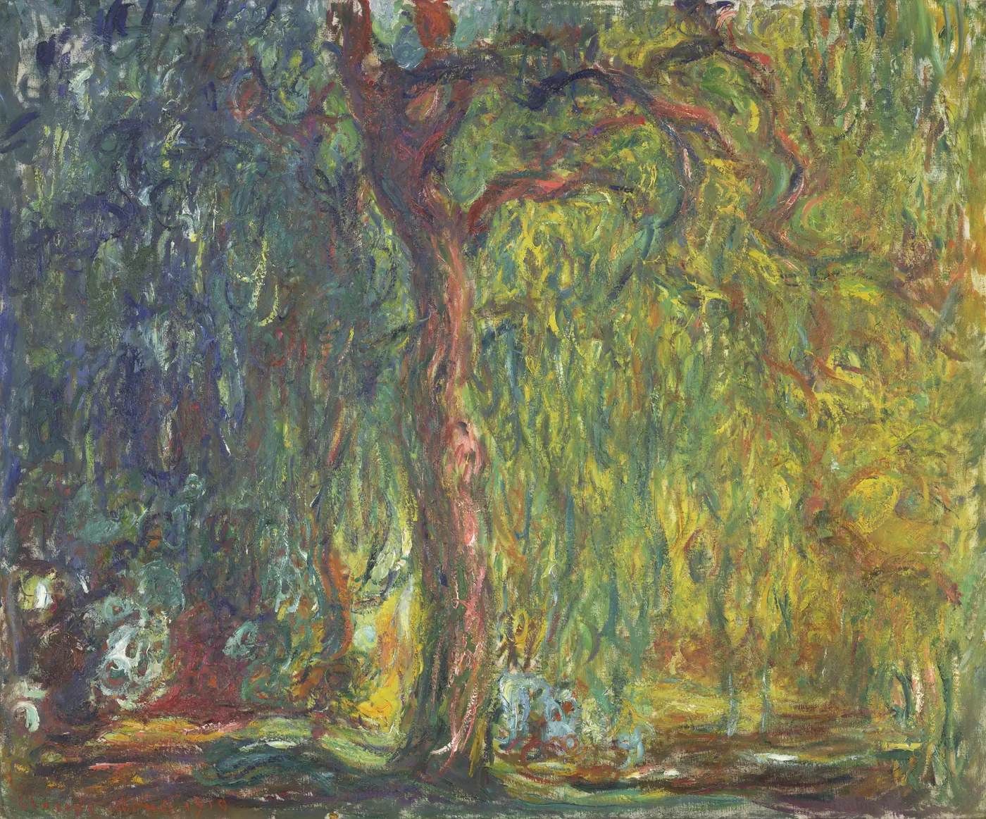 A dense painting of a weeping willow in greens, yellows and reds, its trunk twisting up the centre of the canvas
