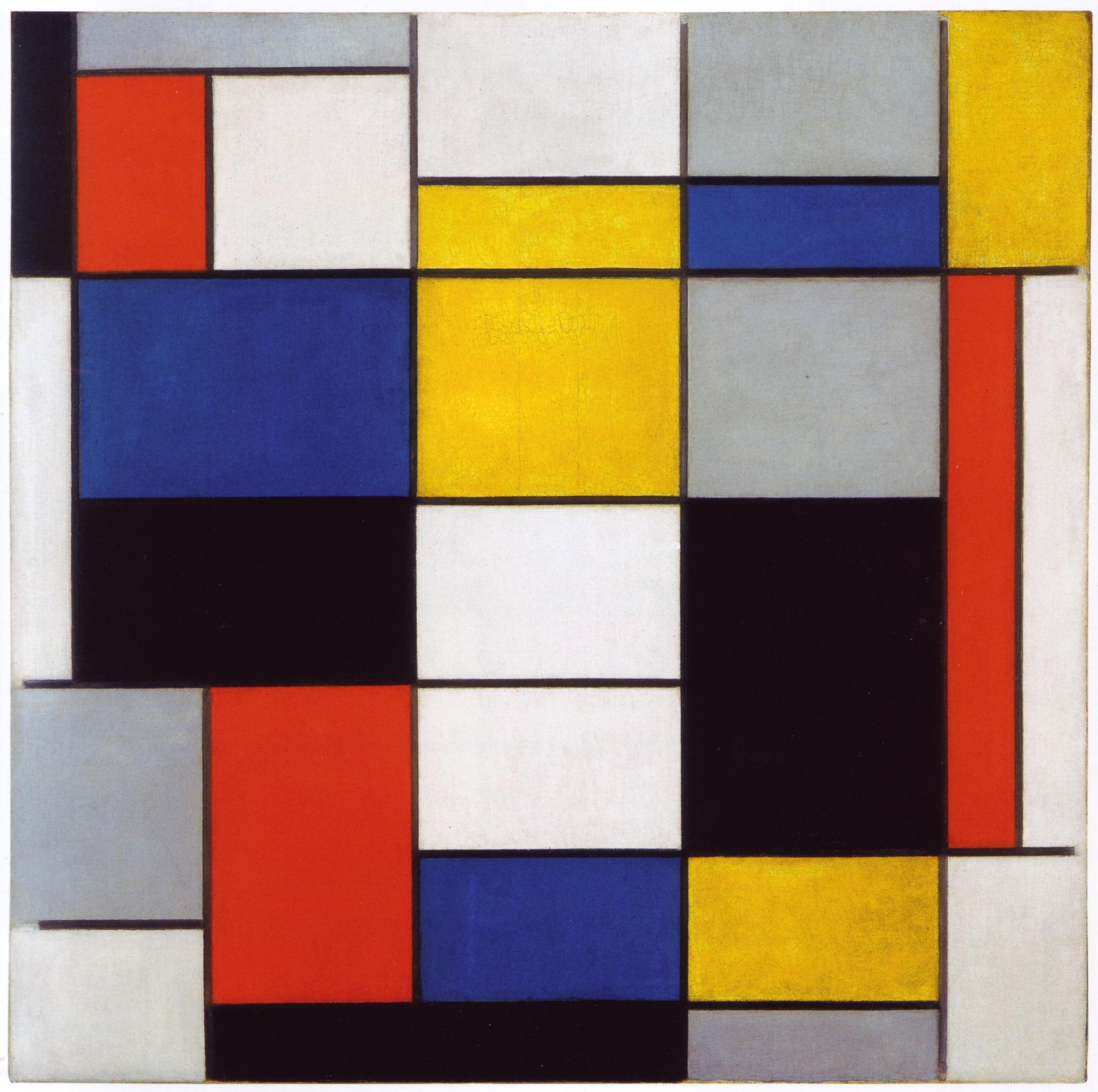 Piet Mondrian, Large Composition A, 1919–20: black lines dividing planes of red, yellow, blue, grey and white