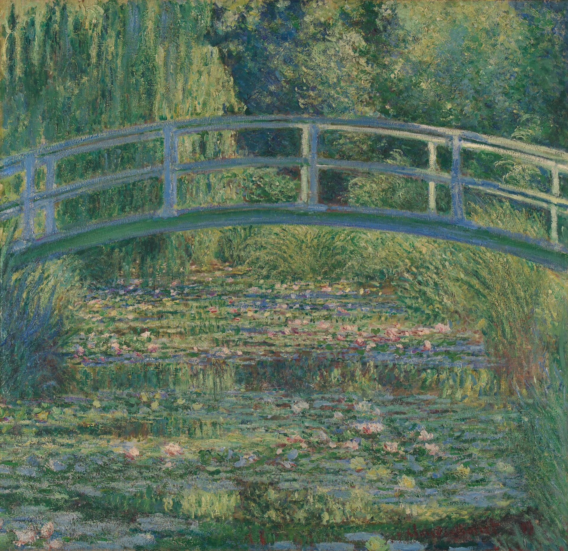 Claude Monet, The Water-Lily Pond, 1899: a curved wooden footbridge over a pond covered with water lilies, framed by dense green foliage