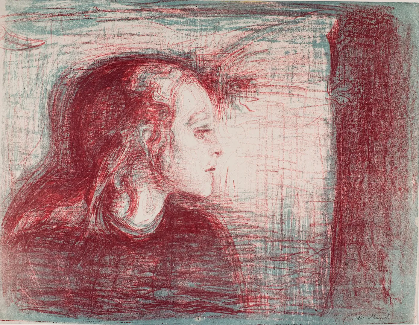 Munch's lithograph of a sick girl in profile against a large pillow, drawn in red and blue-grey lines
