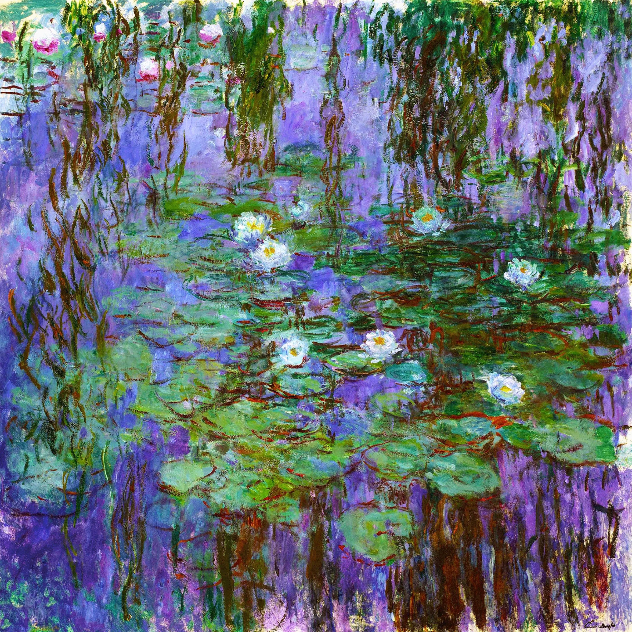 Claude Monet, Blue Water Lilies, about 1916 to 1919: white water lilies and green pads on a violet and blue pond, with dark reflections of willow branches