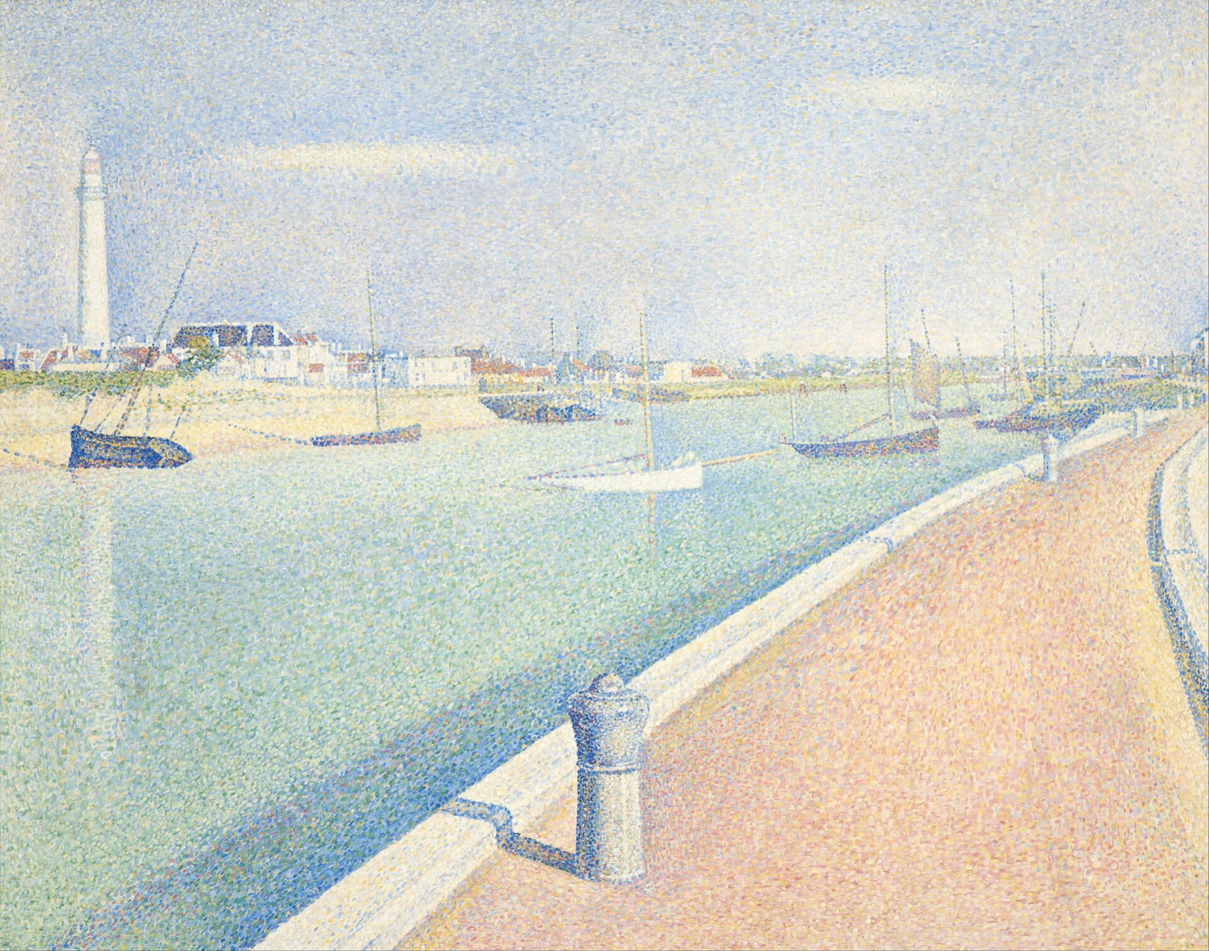 Georges Seurat, The Channel of Gravelines, Petit Fort Philippe, 1890: a quiet harbour channel with a lamp post and moored boats, painted in small touches of pale colour