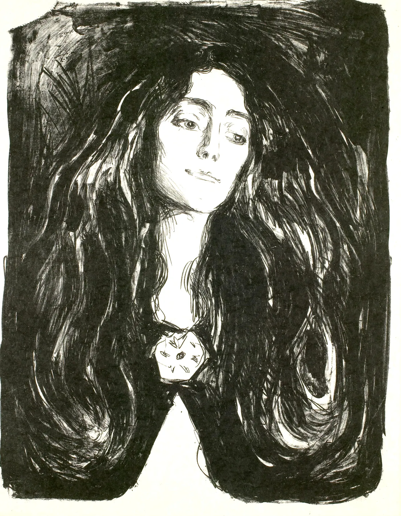 Munch's black-and-white lithograph of the violinist Eva Mudocci, with long dark hair falling around her face and a brooch at her throat