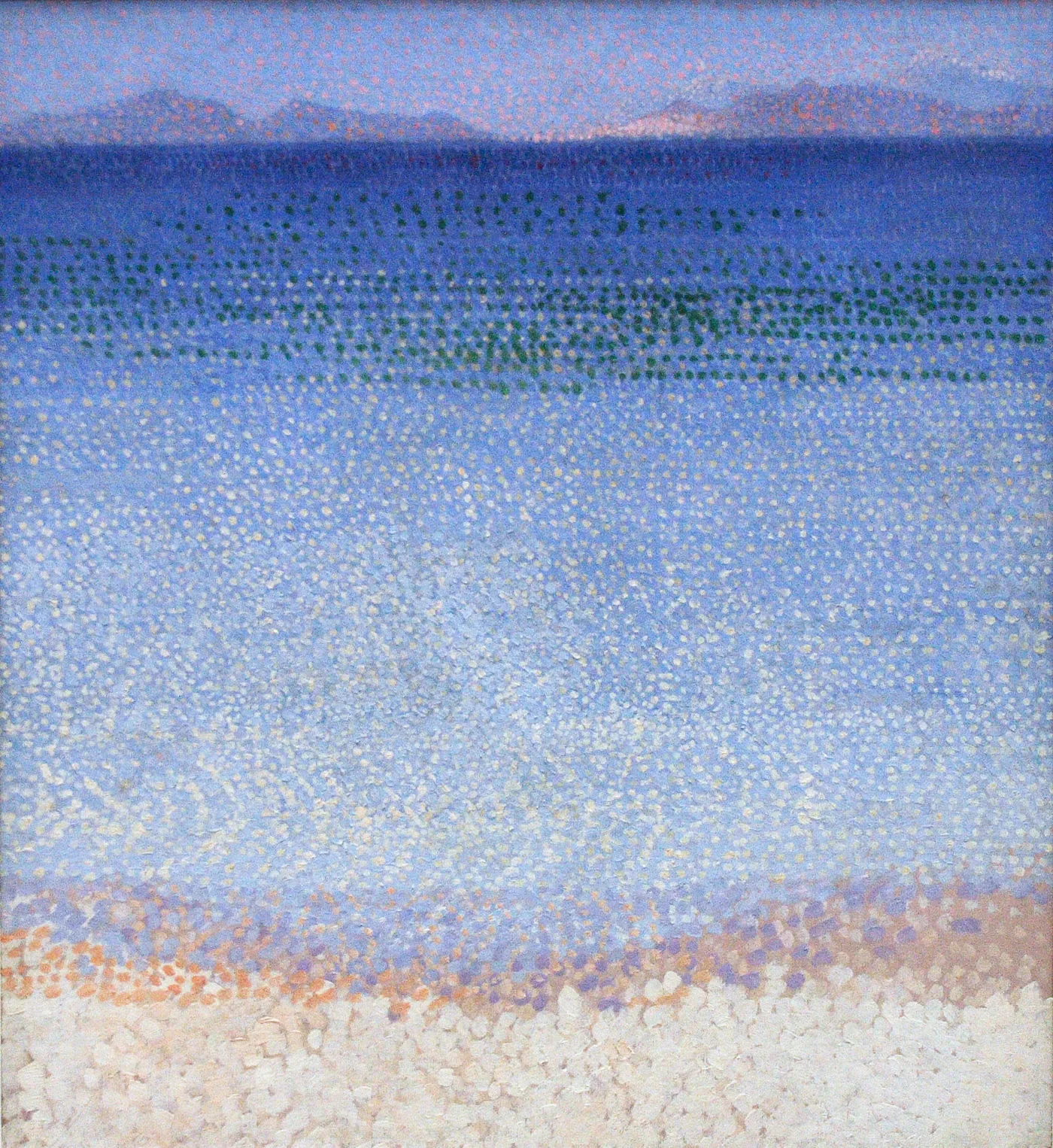 Henri-Edmond Cross's painting of a calm blue sea in small dots of colour, with pale islands on the horizon and a beach of white and orange pebbles in the foreground