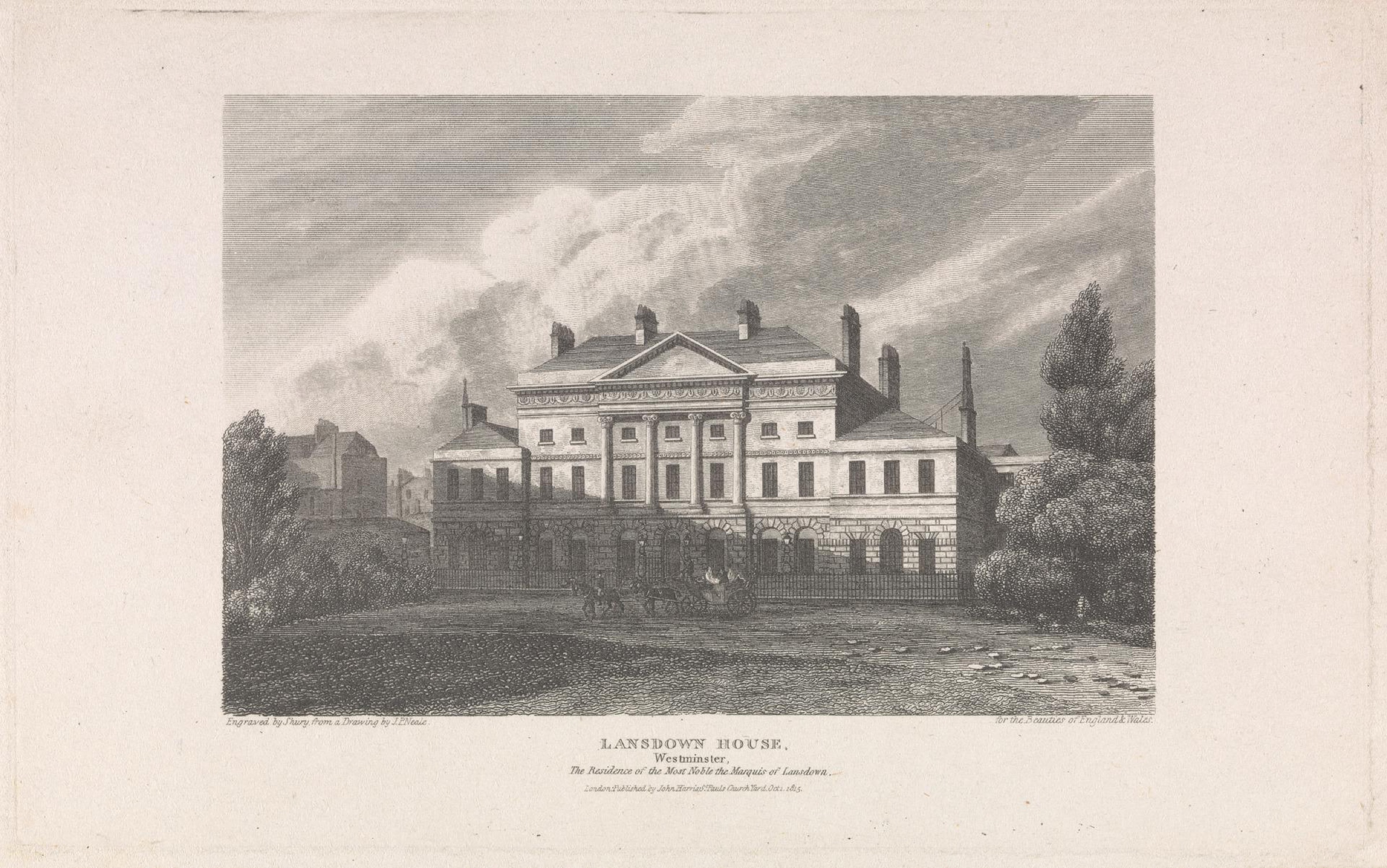 An engraving of Lansdowne House in 1815, a classical mansion with a pedimented centre behind railings and trees, with figures and a carriage in the foreground