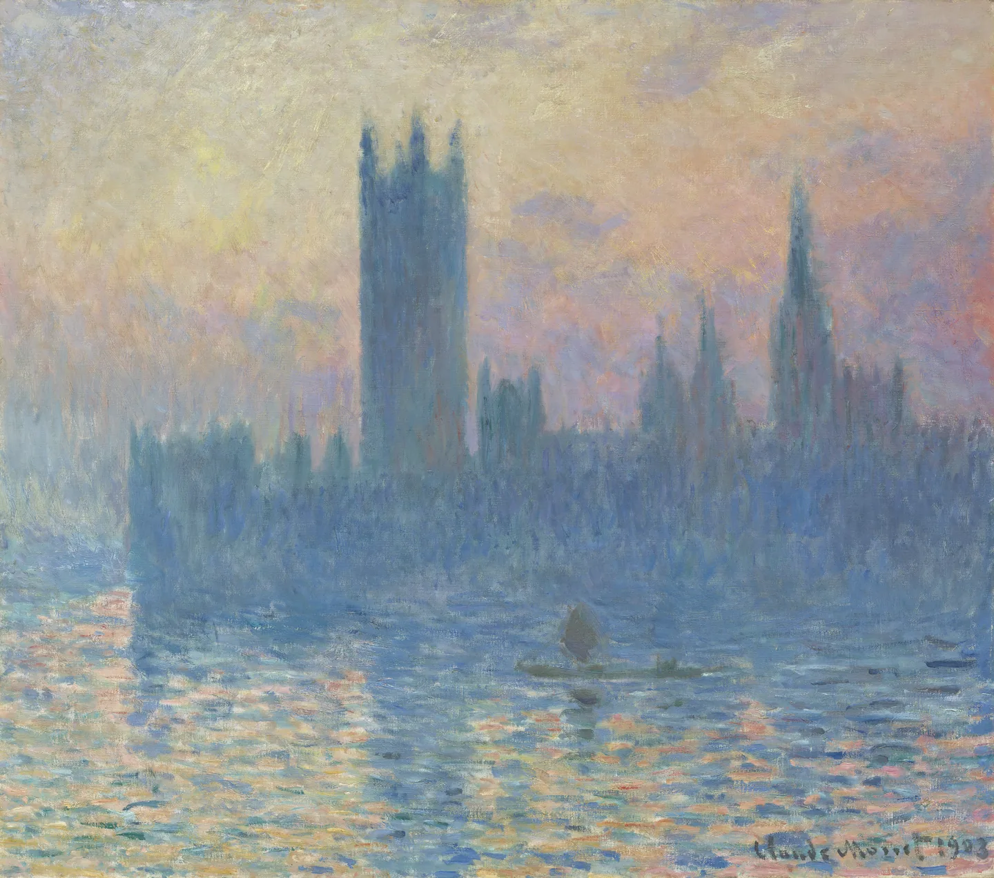Claude Monet's painting of the Houses of Parliament in silhouette against a red and orange sunset sky, reflected in the Thames