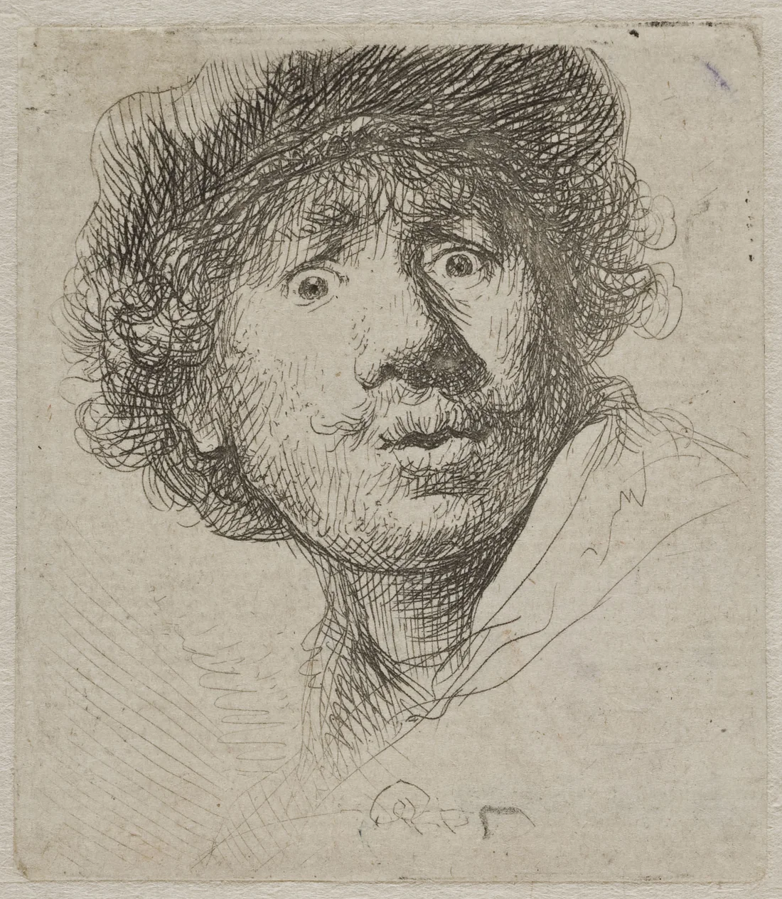 Rembrandt's small etched self-portrait, his curly hair under a cap, his eyes wide and his mouth half open in surprise
