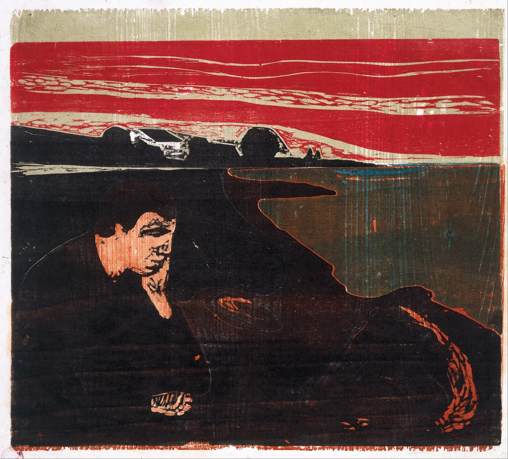 Munch's woodcut of a man seated in the foreground with his head on his hand, beside a dark shore, with a red sky above