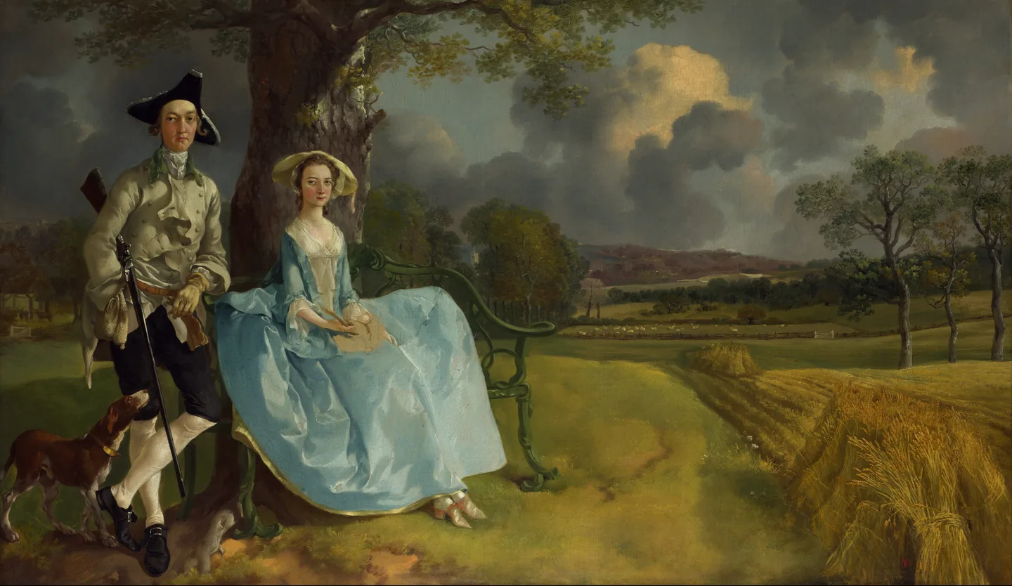 Thomas Gainsborough's portrait of Mr and Mrs Andrews, a young couple posed under an oak tree beside a wide view of their Suffolk fields