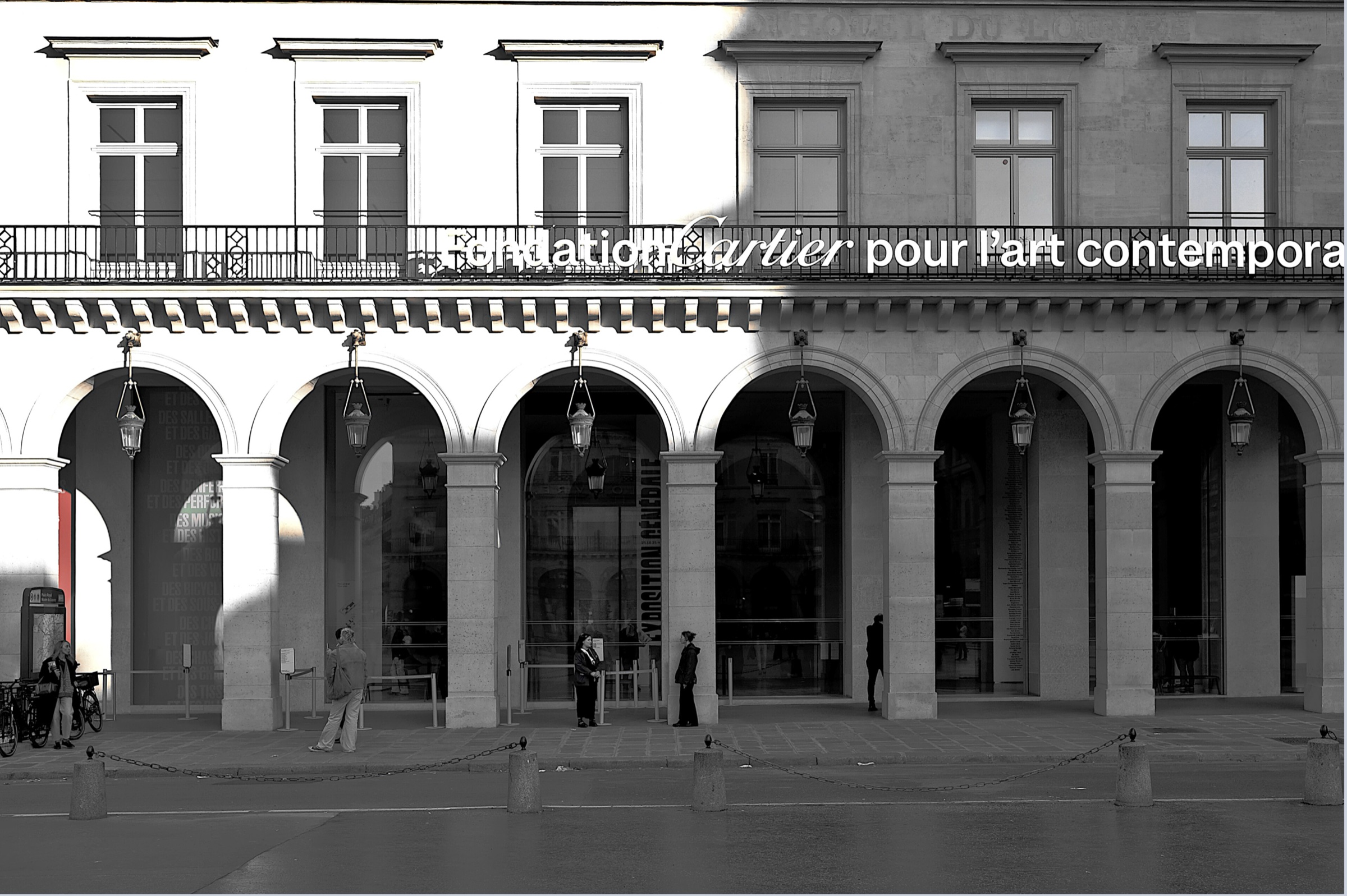 The arcaded front of the Fondation Cartier's building on the place du Palais-Royal, in black and white