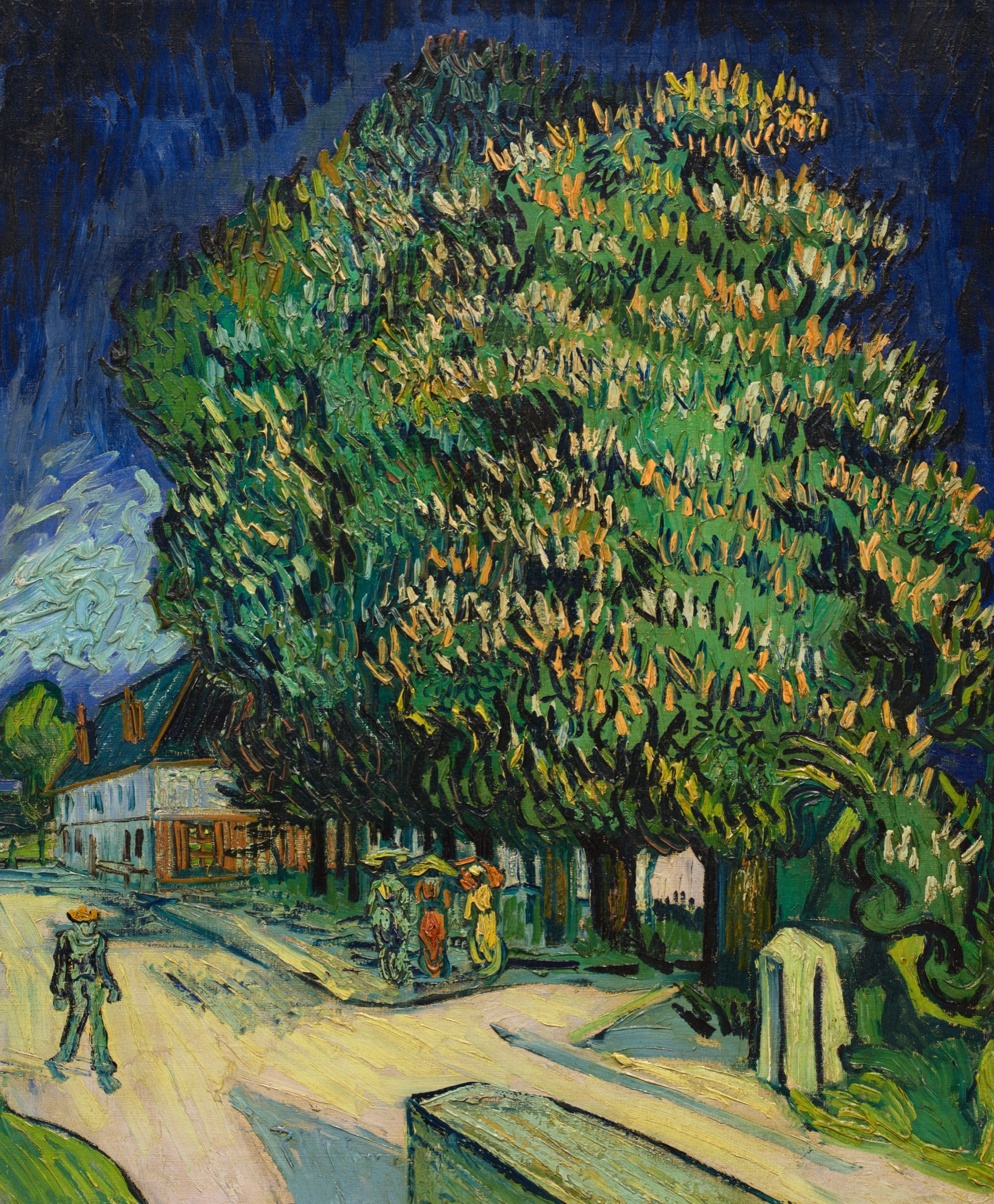 Vincent van Gogh, Châtaigniers en fleurs, May 1890: flowering chestnut trees over a sunlit road with figures, against a deep blue sky